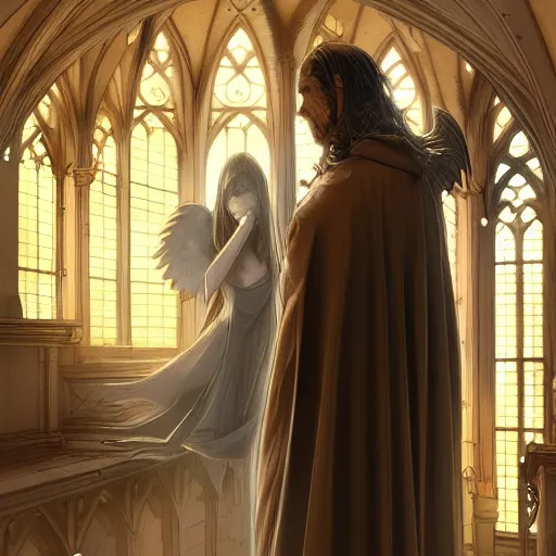 Image similar to angel protecting man who is praying inside a gothic church by Stanley Artgerm Lau, WLOP, Rossdraws, James Jean, Andrei Riabovitchev, Marc Simonetti, Yoshitaka Amano, ArtStation, CGSociety
