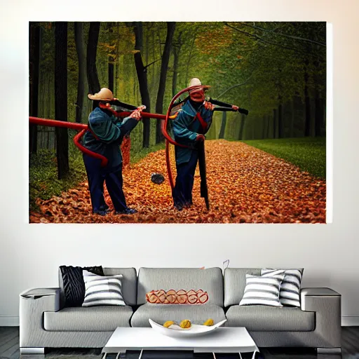 Prompt: men with leaf blowers fighting the falling leaves in a forest, detailed face, by Steve McCurry and David Lazar, CANON Eos C300, ƒ5.6, 35mm, 8K, medium-format print