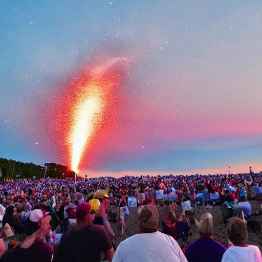 Image similar to a fiery meteor hitting a crowded beach concert