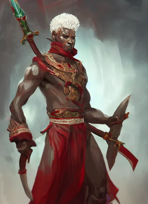 Image similar to a highly detailed illustration of short white haired african priest, wearing cross on robe, wielding red blades, strong standing pose, blood flowing around him, muscular, intricate, elegant, highly detailed, centered, digital painting, artstation, concept art, smooth, sharp focus, league of legends concept art, WLOP