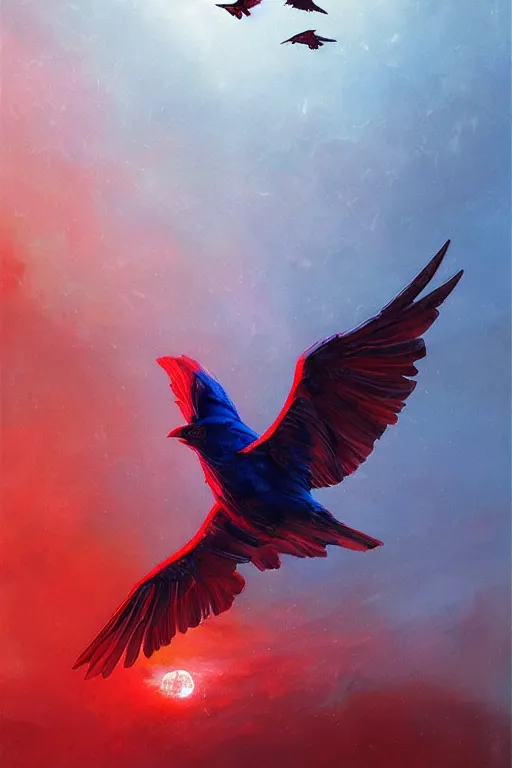 Image similar to 3 d, sci - fi, morning, raven bird, sun, cinematic, lightning clouds, vogue cover style, light red and deep blue mood, realistic painting, intricate oil painting, high detail, figurative art, multiple exposure, poster art, 3 d, stanley kubrick, by tooth wu and wlop and beeple and greg rutkowski