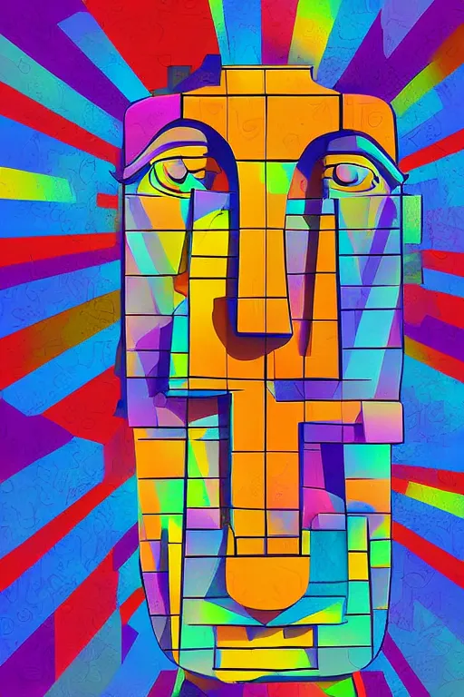 Image similar to cubist moai statue cutout digital illustration cartoon colorful beeple