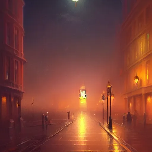 Prompt: london at night, fantasy, intricate, elegant, digital painting, trending on artstation, concept art, soft focus, illustration by greg rutkowski, edward hopper, 4 k.