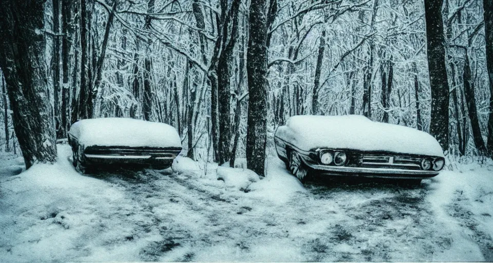 Prompt: vintage polaroid photograph of a car in a snowy forest