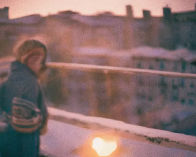 Image similar to lomo photo of pair standing on small hrushevka balcony full with cigarette smoke in small russian town looking at sunset, cinestill, bokeh