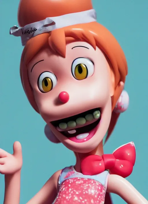 Prompt: a hyperrealistic oil panting of a looney kawaii vocaloid figurine caricature with a big dumb goofy grin, rosy cheeks with freckles, and pretty sparkling anime eyes featured on Wallace and Gromit by Makoto Shinkai