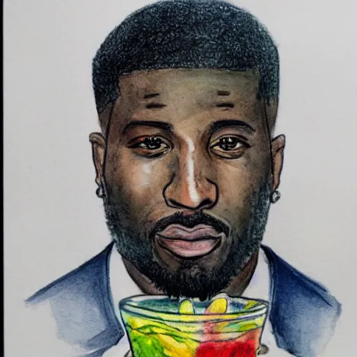 Prompt: ink and water color portrait drawing of gucci mane drinking lemonade, realistic, art nouveau