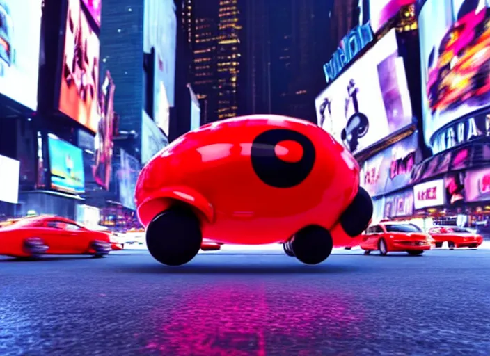 Prompt: film still of a giant ladybug driving a car through time square in a sci - fi movie, 8 k