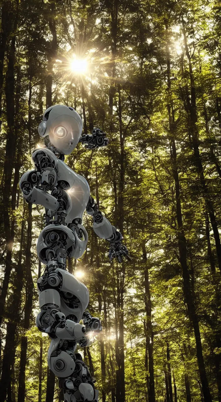 Image similar to a robot portrait in a movie, forest, cinematic shot, sun beams