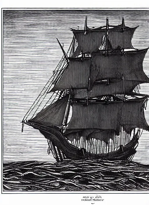 Image similar to galleon on the high seas big waves moonlight, art by james o barr and albrecht durer, woodblock print, engraved, black and white, vector, vector art