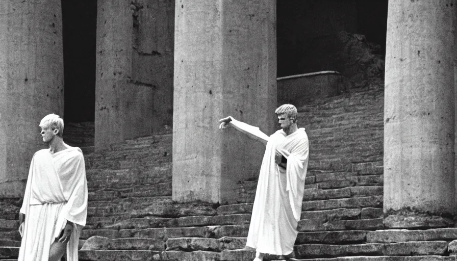 Prompt: 1 9 6 0 s movie still close - up of caligula in a white toga stabbed to death on ancient amphitheater's stairs, cinestill 8 0 0 t 3 5 mm, high quality, heavy grain, high detail, dramatic light, anamorphic, blood