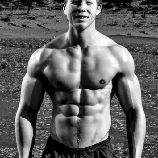 Image similar to Tom Scott (British Youtuber) is a jacked muscle builder gigachad, grayscale photography