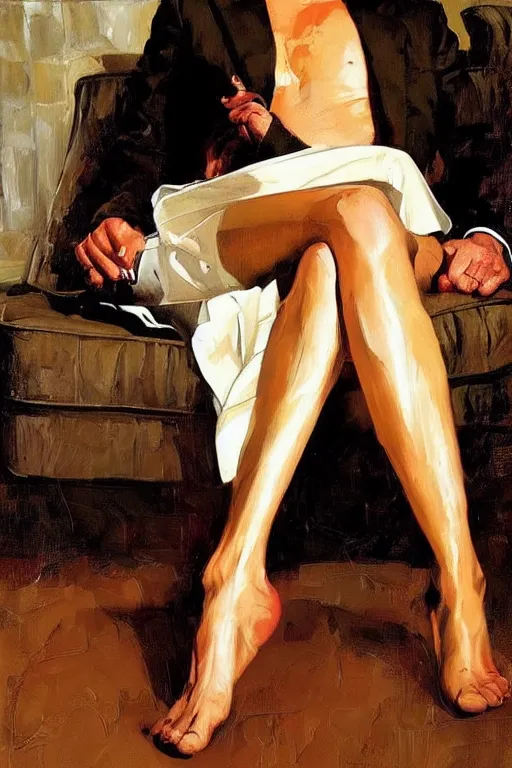 Image similar to tarantino caressing feet,'bare feet '!!!! painting by jc leyendecker!! phil hale!, angular, brush strokes, painterly, vintage, crisp