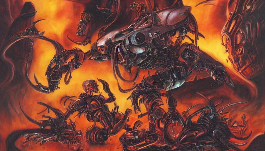 Image similar to robocop fighting demons in hell by julie bell