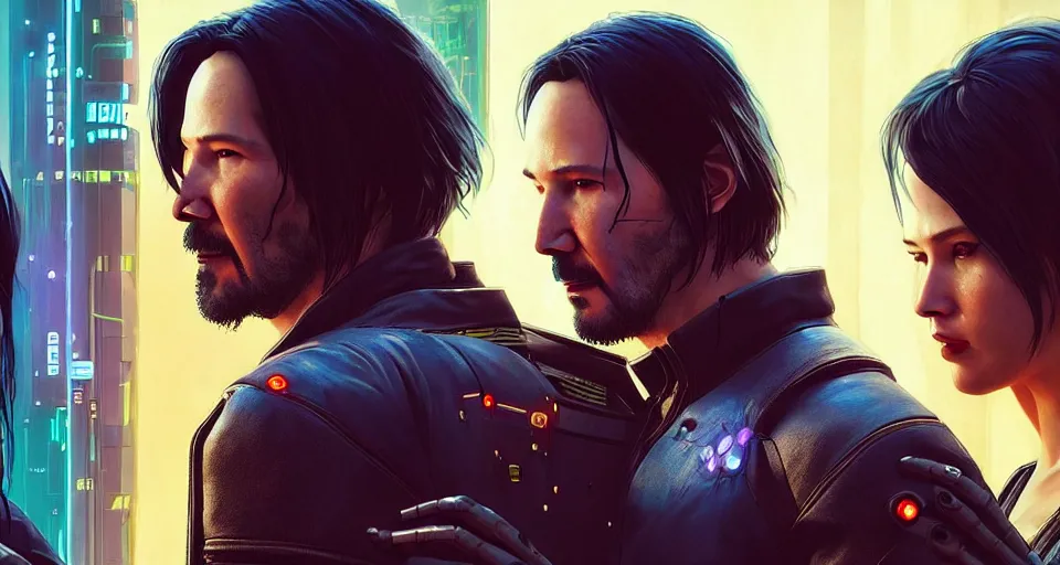 Image similar to a cyberpunk 2077 srcreenshot couple portrait of a Keanu Reeves and a female android in final kiss,love,film lighting,by Laurie Greasley,Lawrence Alma-Tadema,Dan Mumford,John Wick,Speed,Replicas,artstation,deviantart,FAN ART,full of color,Digital painting,face enhance,highly detailed,8K,octane,golden ratio,cinematic lighting