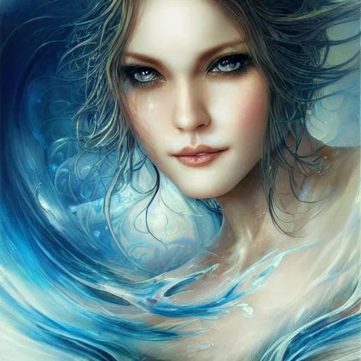 Prompt: a beautiful mobius manipulating water by karol bak, ayami kojima, artgerm, river, water, blue eyes, smile, concept art, fantasy