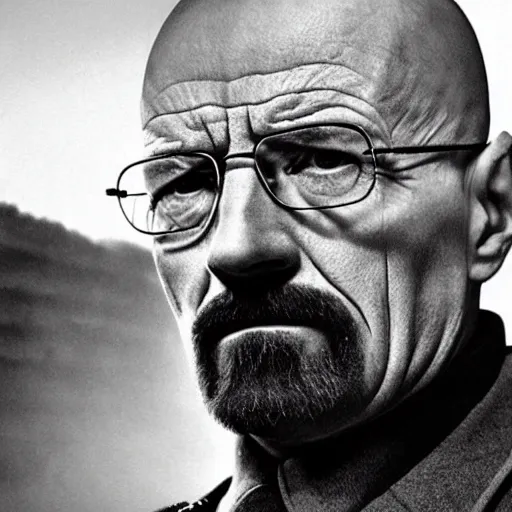 Prompt: Walter White as a 1940s German Officer, serious, Noir, fog, Intense detail, sharp focus, movie still, lighting,