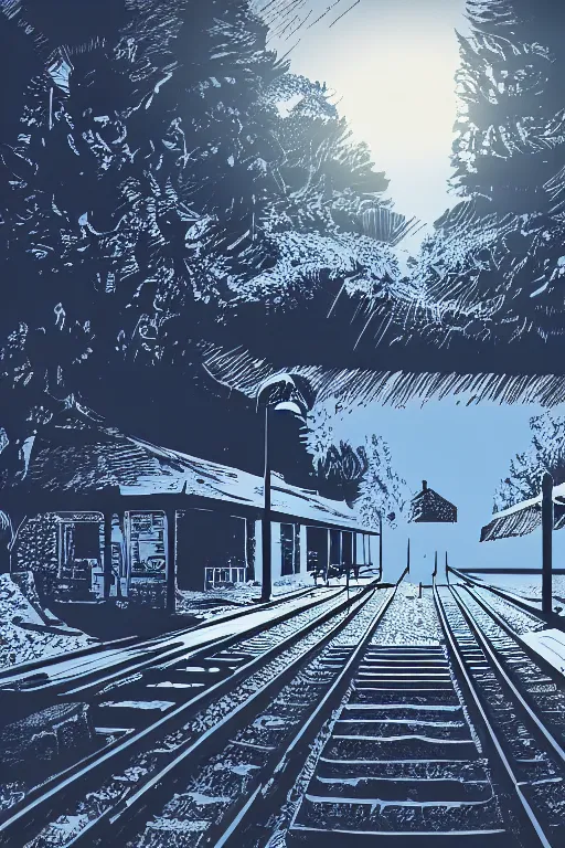 Prompt: a beautiful linocut print on paper of waterlo station platforms, 8 k, frostbite 3 engine, cryengine, dof, trending on artstation, digital art, crepuscular ray, by gail brodholt