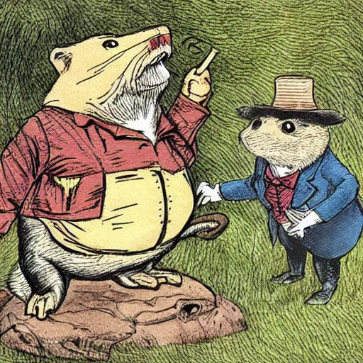 Prompt: colored illustration for the book wind in the willows, with toad welcominging his friends mole, water rat, and badger to toad hall, in style of sir john tenniel