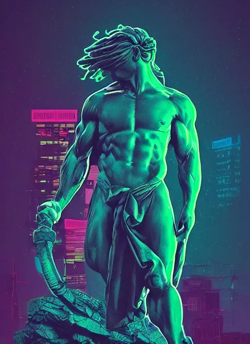 Image similar to statue of hercules, heroic, beeple, android jones, dan mumford, vaporwave, retrowave, black background, neon wiring, black, glitch, strong contrast, cuts, pinterest, trending on artstation