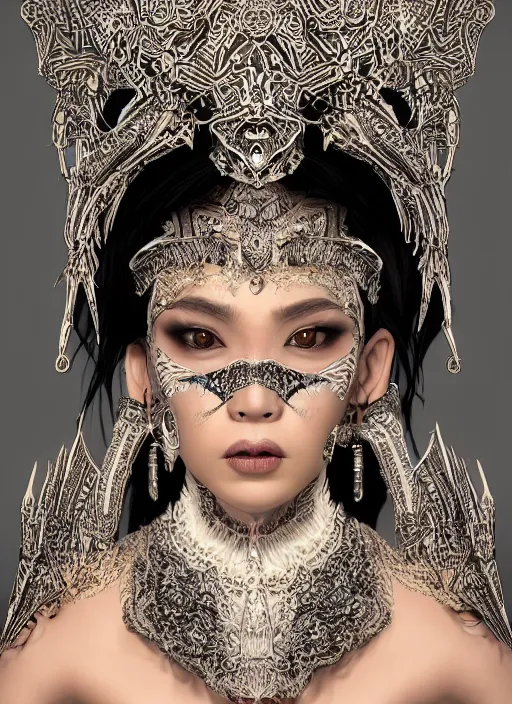 Image similar to a fierce looking beautiful young thai woman with symmetrical white makeup, wearing an intricate headdress made from bones and leather, wearing large earrings made from white bones, hyperdetailed illustration, intricate linework, in the style of a national geographic portrait, unreal engine 5 highly rendered, global illumination, radiant light, detailed and intricate environment