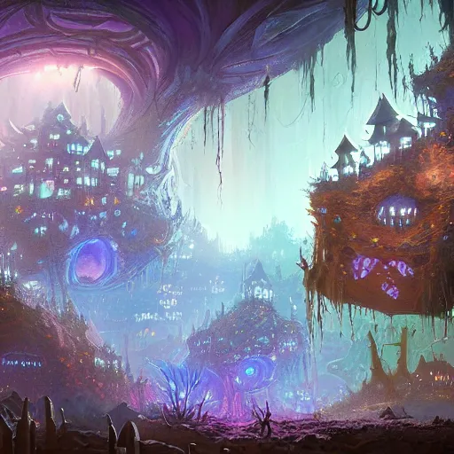 Image similar to concept art detailed painting of a dark purple fantasy fairytale fungal town made of mushrooms, with glowing blue lights, in the style of jordan grimmer and neil blevins and wayne barlowe