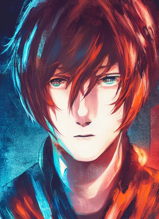 Prompt: manga cover, red-haired teenager with yellow skin and blue facial markings, short hair, intricate cyberpunk city, emotional lighting, character illustration by tatsuki fujimoto