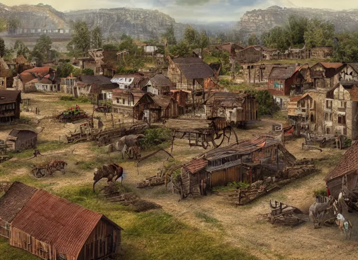 Prompt: realistic photo of a town, settlement, buildings, detailed scenery, prehistoric time period