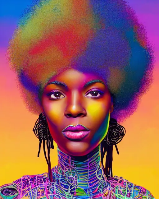 Image similar to colorful portrait of a black woman hippie wearing her hair in an afro, but set in the future 2 1 5 0 | highly detailed | very intricate | symmetrical | professional model | cinematic lighting | award - winning | painted by mandy jurgens | pan futurism, dystopian, bold psychedelic colors, cyberpunk, anime aesthestic | featured on artstation