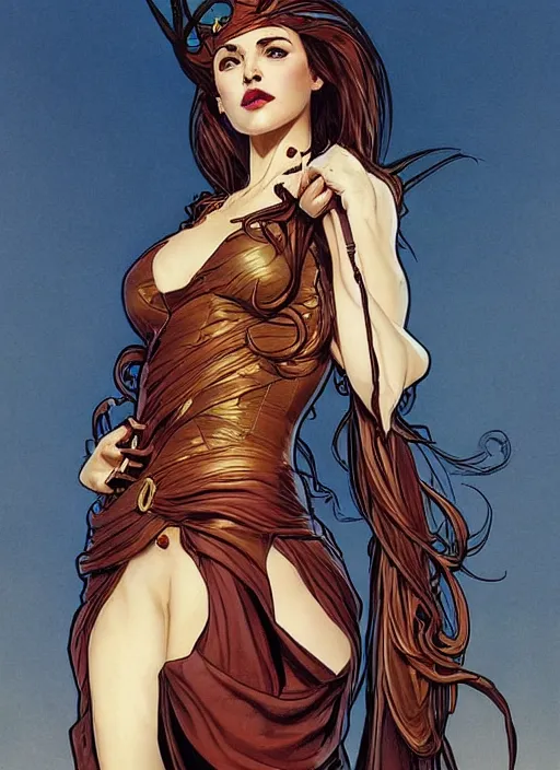 Image similar to slim young april with a mischievous face and long chesnut wavy hair dressed as a superhero in her early twenties, posing with her arms tucked behind her back, lady liberty, tight fit, curvaceous, intricate detailed face, shiny, art by joshua middleton and greg rutkowski and alphonse mucha