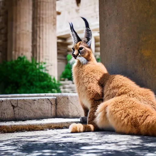 Image similar to a cinematic film still of a claymation stop motion film starring cute fluffy caracal near wooden barrel, ancient greek city, marble temple columns, olive trees, shallow depth of field, 8 0 mm, f 1. 8