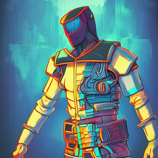 Prompt: katana zero video game character, huge sword, futuristic full body armor, cyborg, synthwave art, retrofuturist, realist, colorful, digital art, thiago lehmann