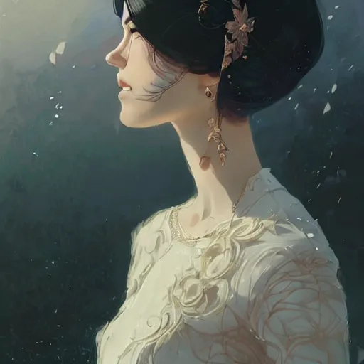 Image similar to lady at a wedding, intricate complexity, by greg rutkowski, artgerm, ross tran, conrad roset, takato yomamoto, ilya kuvshinov. 4 k, beautiful, cinematic dramatic atmosphere