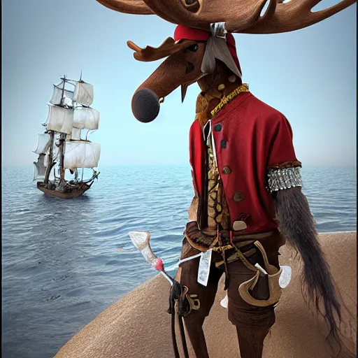 Image similar to anthropomorphic moose pirate humanoid by mike winklemann, pirate ship, sea, fantasy