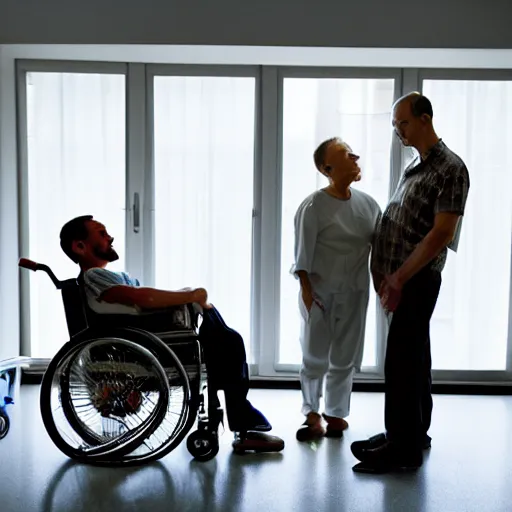 Image similar to a male patient in a wheelchair in the hospital with his wife and son standing by. happy, cheerful, smiling, intricate, sharp focus, cinematic lighting, 8 k, art by emiliya lane, margaret dyer