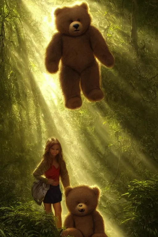 Image similar to mean fluffy teddybear protecting girl in a forest with rays of light coming through the canopy, masterpiece, dystopian, sci-fi, extremely detailed, digital painting, sculpted in zbrush, artstation, concept art, smooth, sharp focus, illustration, chiaroscuro lighting, golden ratio, incredible art, artgerm, greg rutkowski, alphonse mucha, simon stalenhag, carravaggio