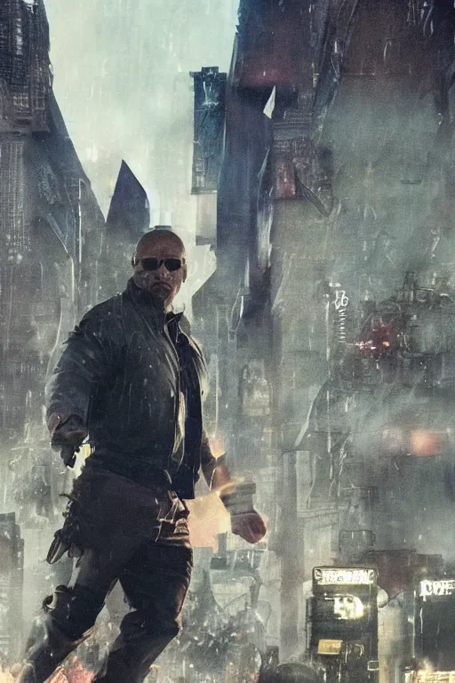 Image similar to An epic cinematic film still of Dwayne Johnson in the movie Blade Runner: 2049.