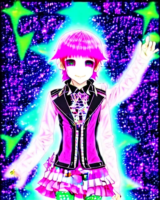 Image similar to a hologram of decora styled yotsuba koiwai wearing a gothic spiked jacket, holography, irridescent, baroque visual kei decora art