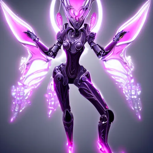 Image similar to highly detailed exquisite fanart, of a beautiful female warframe, but as an anthropomorphic elegant robot female dragoness, glowing eyes, shiny and smooth off-white plated armor, bright Fuchsia skin beneath the armor, sharp claws, robot dragon four fingered hands, and robot dragon three clawed feet, royal elegant pose, full body and head shot, epic cinematic shot, professional digital art, high end digital art, singular, realistic, DeviantArt, artstation, Furaffinity, 8k HD render, epic lighting, depth of field