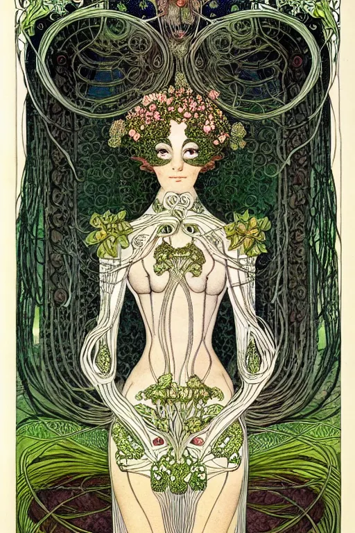 Image similar to centered detailed front view portrait of a beautiful female android with ornate flowers growing around, inside a vine frame ornamentation, flowers, elegant, dark and gothic, full frame, art by kay nielsen and walter crane, illustration style, watercolor