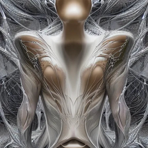 Image similar to dmt elf by zaha hadid, iris van herpen and rick owens. highly detailed, hyper - real, very beautiful, intricate fractal details, very complex, opulent, epic, mysterious, polished, futuristic design, trending on deviantart and artstation