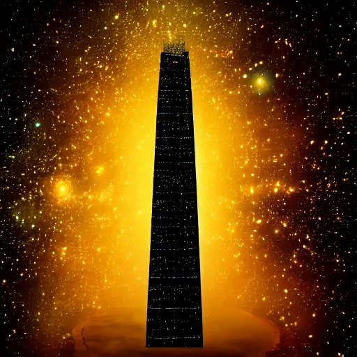 Prompt: an infinitely tall golden tower from a secret dimension looms in the background surrounded by deep black magical water filled with countless galaxies