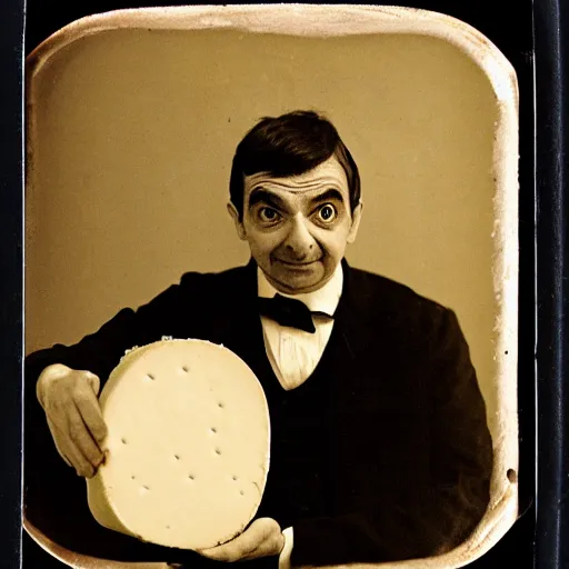 Image similar to ambrotype of mr bean eating a large wheel of cheese,