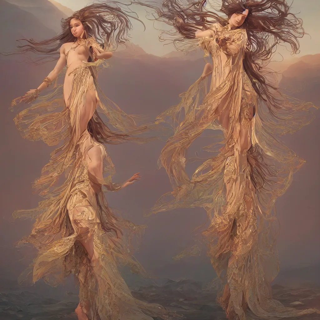 Image similar to glowing goddess dancing in the desert, professional models, symmetrical face, fantasy, surreal, intricate and very beautiful and elegant, highly detailed, digital painting, trending on artstation, concept art, smooth and sharp focus, illustration, art by tan zi and ayanamikodon and alphonse mucha and wlop