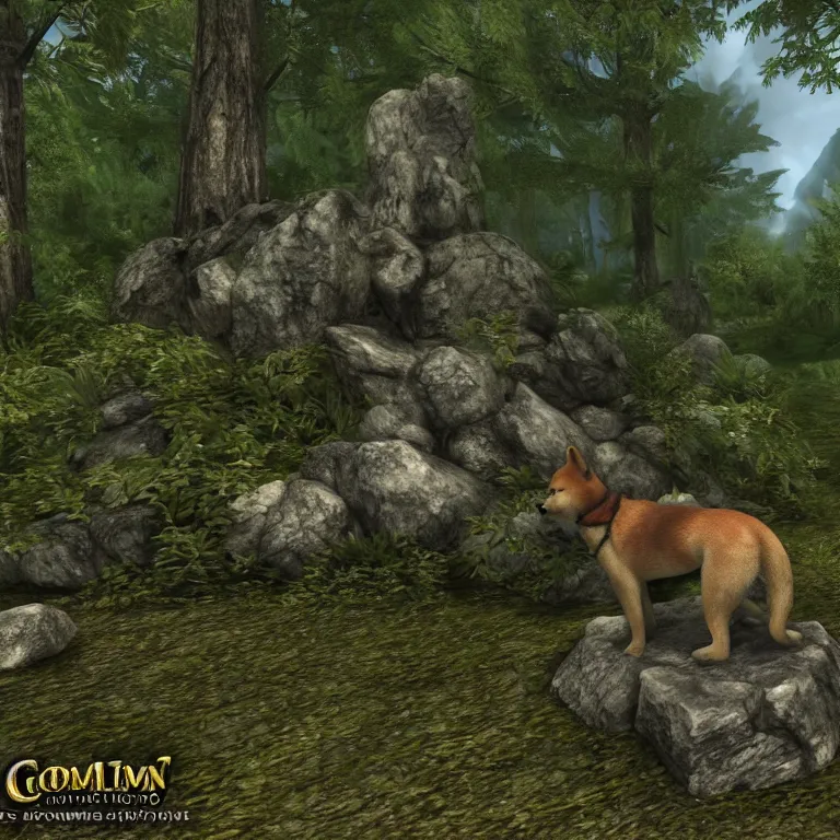 Image similar to a stone shiba inu statue in a lush forest, skyrim pc screenshot