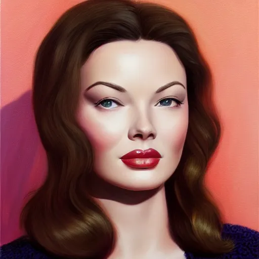 Image similar to young beautiful Gene Tierney color studio publicity photo , tight face shot portrait, highly detailed, painting, artstation, concept art, illustration, art , by graydon parrish