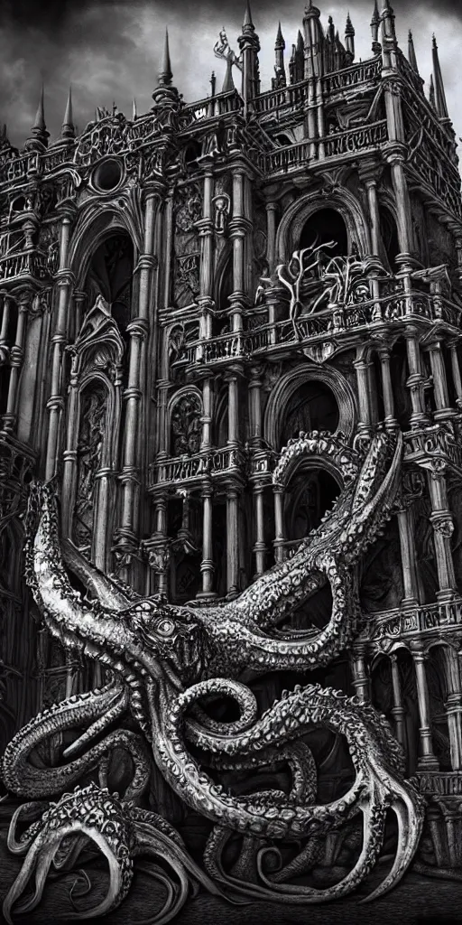 Image similar to extra wide view. Kraken. marvellous magic. Ominous. Gothic medieval baroque. Dry ground cracks. Hyper-detailed. Hyperreal. Unreal render.