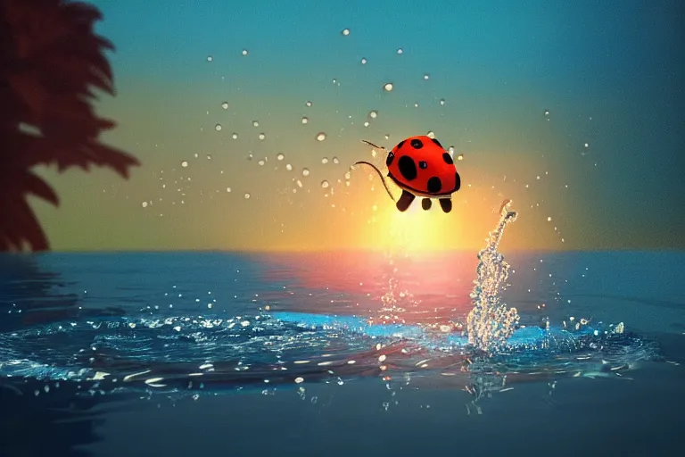 Prompt: ladybird swimming in a pool of water, sunset, evening light, cinematic, fantasy art, trending on artstation, highly detailed, digital painting, volumetric light