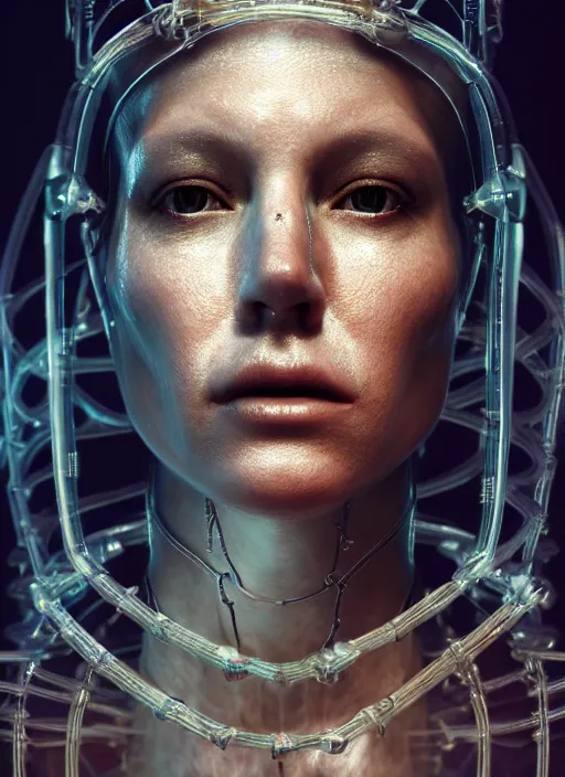 Prompt: 3 / 4 portrait, queen, crown, translucent skin, muscle, bones, veins, nerves, hyperrealism, exoskeleton, detailed, photorealistic, cyberpunk apocalyptic city, futuristic, ultra realistic, cinematic, intricate, cinematic light, unreal engine 8 k, octane render, unreal engine by charlie bowater, david kostic, stanley lau, artgerm