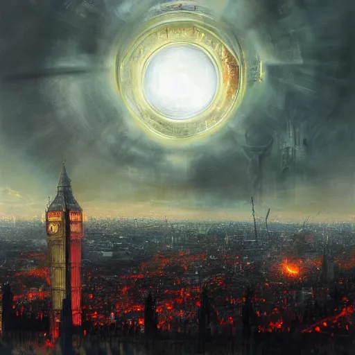 Image similar to eye of sauron looks over london by raymond swanland, highly detailed, bright tones